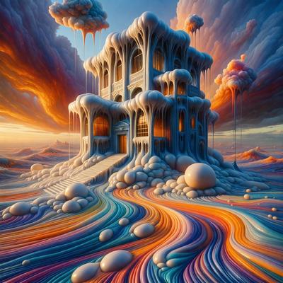 The primary subject of the image is a large, colorful, and whimsical house made of ice. The house is situated in a vibrant, rainbow-colored landscape, which adds to the overall atmosphere of the scene. The visual style of the image is a combination of digital art and illustration, creating a unique and imaginative representation of the house. The colors and mood of the image are lively, energetic, and full of creativity, reflecting the playful and fantastical nature of